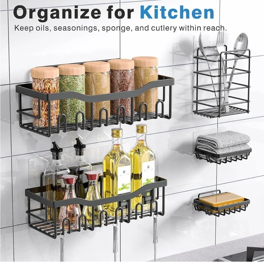 5 Piece Black Metal Wall-Mounted Bathroom/ Kitchen Shelf